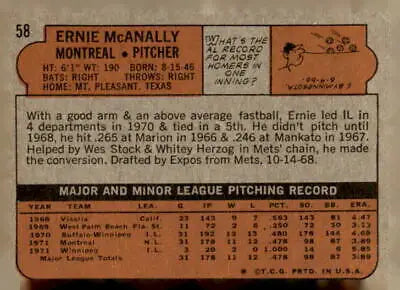 Back of 1972 Topps #58 Ernie McAnally Montreal Expos trading card
