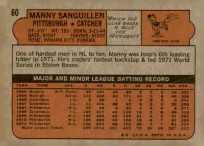 Back of 1972 Topps Manny Sanguillen trading card showing player stats and info