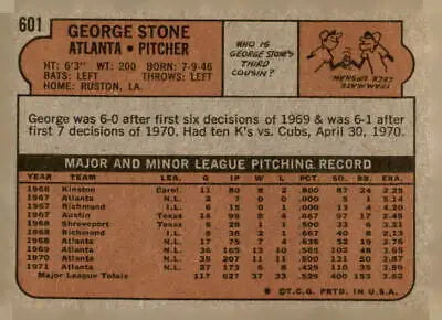 Back of 1972 Topps #601 George Stone baseball card highlighting player stats and details
