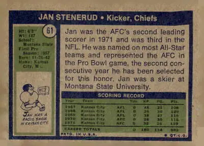 Vintage Jan Stenerud football card from 1972 Topps #61 Kansas City Chiefs memorabilia