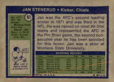 Vintage 1972 Topps Jan Stenerud football card featuring Kansas City Chiefs player