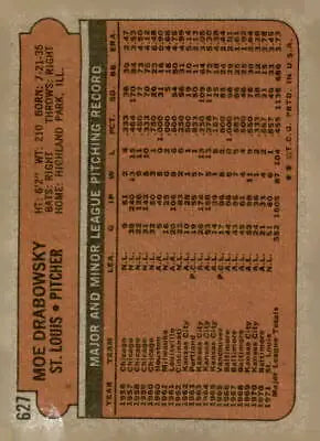 Baseball card statistics for 1972 Topps #627 Moe Drabowsky of the Louis Cardinals