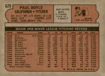 Vintage 1972 Topps Paul Doyle baseball card back showing player stats and details