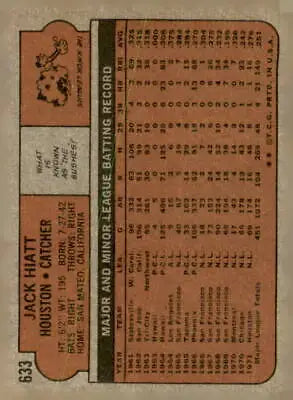 Vintage 1972 Topps Jack Hiatt baseball card back featuring historic jack hiatt details