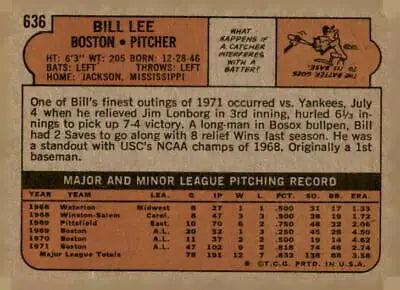 Back of a 1972 Topps #636 Bill Lee baseball card featuring the Boston Red Sox