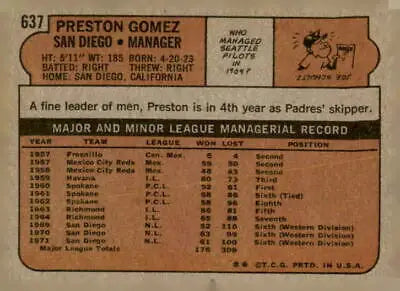 1972 Topps #637 Preston Gomez baseball card featuring San Diego Padres player Preston Gomez