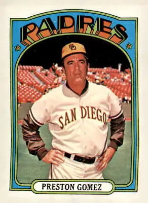 Vintage 1972 Topps Preston Gomez baseball card featuring San Diego Padres player