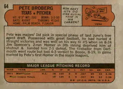 Vintage 1972 Topps #64 Pete Broberg card in excellent condition for collectors