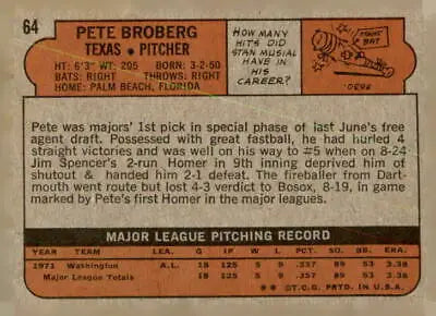 Vintage baseball card back of 1972 Topps #64 Pete Broberg sports trading card