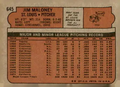 Back view of 1972 Topps Jim Maloney baseball card showcasing player stats and biography