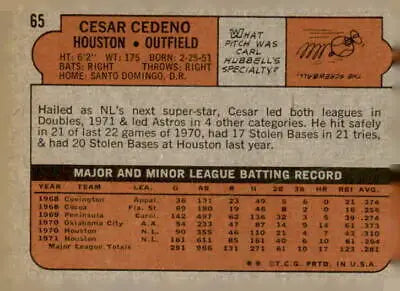 Back of 1972 Topps #65 Cesar Cedeno sports trading card featuring player stats and info
