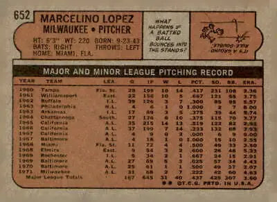 Vintage baseball card back featuring Marcelino Lopez Milwaukee Brewers 1972 Topps #652