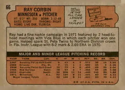 Back of the 1972 Topps #66 Ray Corbin baseball card featuring Ray Corbin stats