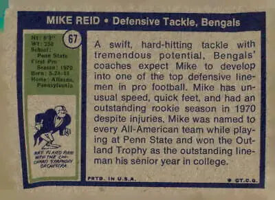 Mike Reid football card from 1972 Topps #67 in EX-MT condition for collectors