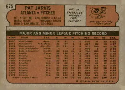 Vintage 1972 Topps #675 Pat Jarvis baseball card back featuring player stats and info