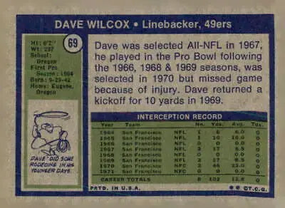 Vintage Dave Wilcox trading card showcasing the talented San Francisco player from 1972