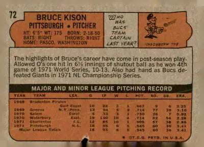 Vintage baseball card back of 1972 Topps #72 Bruce Kison trading card EX-MT condition