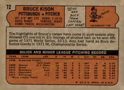 Vintage 1972 Topps #72 Bruce Kison trading card back showcasing collectible statistics