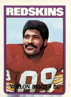 Verlon Biggs football card from 1972 Topps series showcasing Verlon Biggs football memorabilia