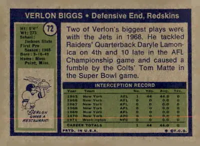 Verlon Biggs football card from 1972 Topps #72 showcasing Biggs football memorabilia