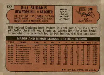 Vintage 1972 Topps #722 Bill Sudakis trading card back featuring New York Mets player details