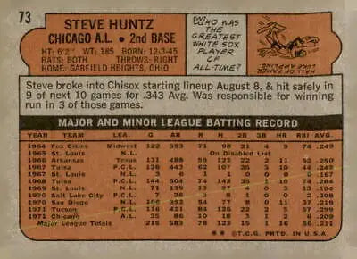 Vintage 1972 Topps #73 Steve Huntz trading card featuring the Chicago White Sox
