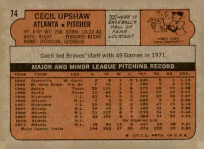 Vintage baseball card back showing Cecil Upshaw baseball card details for 1972 Topps #74