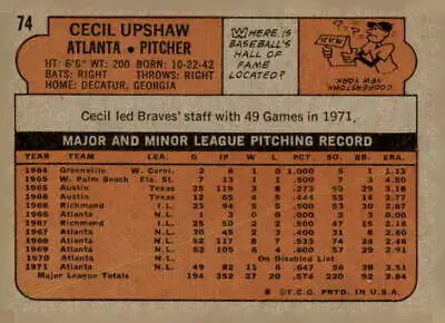 Vintage baseball card back of 1972 Topps Cecil Upshaw featuring detailed stats