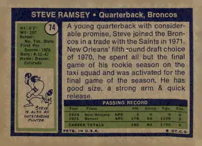 Steve Ramsey trading card from 1972 Topps #74 in VG-EX condition