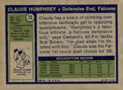 Vintage 1972 Topps Claude Humphrey sports trading card featuring iconic NFL football player