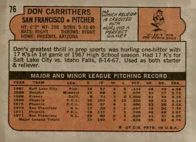 Vintage baseball trading card back of 1972 Topps #76 Don Carrithers in VG-EX condition