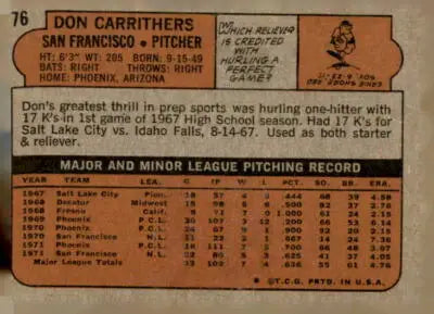 Vintage baseball card back featuring Don Carrithers of the San Francisco Giants