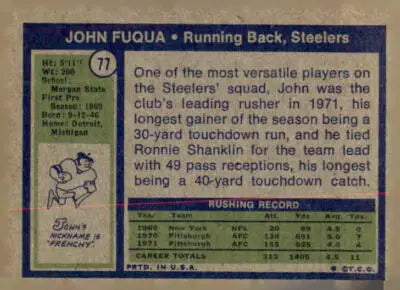 Vintage football card of John Fuqua Pittsburgh Steelers 1972 Topps #77 EX-MT