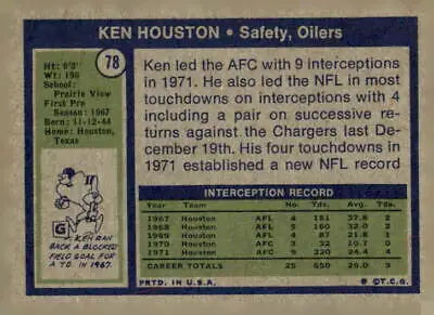 Vintage Ken Houston trading card from 1972 Topps #78 in VG-EX condition