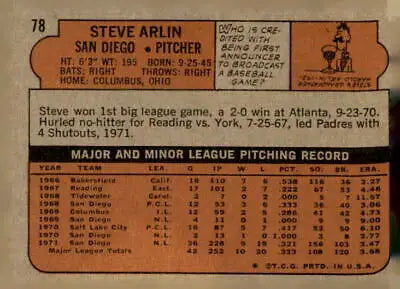 Vintage 1972 Topps #78 Steve Arlin EX-MT baseball card for collectors and enthusiasts