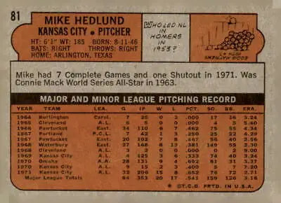Vintage baseball card back featuring 1972 Topps Mike Hedlund sports trading card