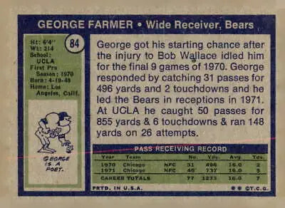 Vintage football card featuring George Farmer from 1972 Topps #84 for collector enthusiasts