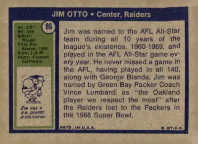 Jim Otto football card back from 1972 Topps #86 sports trading card collection