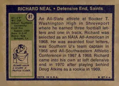 Vintage Richard Neal trading card from 1972 Topps featuring the Orleans Saints
