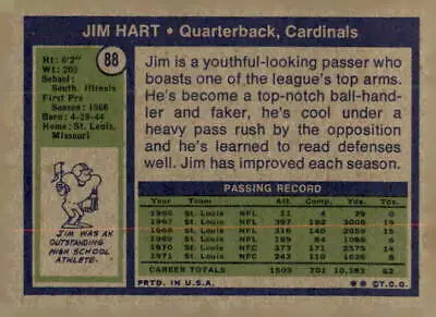 Vintage Jim Hart football card featuring Jim Hart of the St. Louis Cardinals trading card