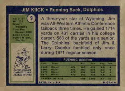 1972 Topps Jim Kiick football card from a sports trading card collection