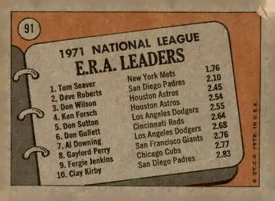 1971 National League ERA Leaders trading card featuring Tom Seaver, Dave Roberts, and Don Wilson