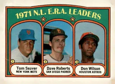 1972 Topps #9 trading card featuring Tom Seaver, Dave Roberts, and Don Wilson N.L. E.R.A. Leaders