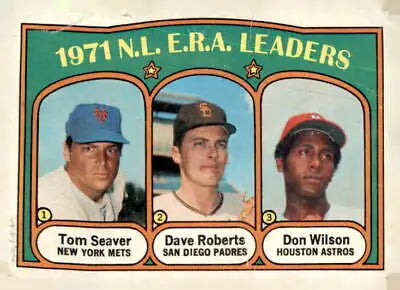 1972 Topps 91 N.L. E.R.A. Leaders baseball card featuring Tom Seaver, Dave Roberts, Don Wilson