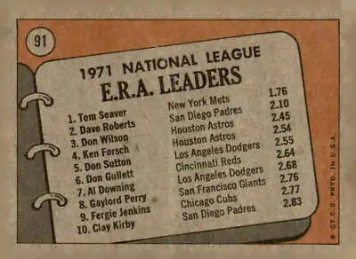 1971 National League ERA leaders card featuring Tom Seaver, Dave Roberts, and Don Wilson