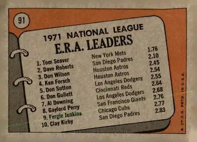 1971 National League ERA Leaders card featuring Tom Seaver, Dave Roberts, and Don Wilson