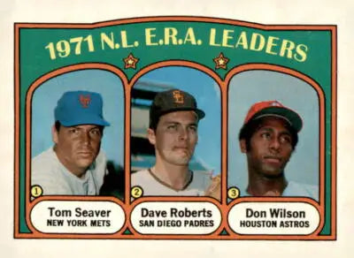 1971 N.L. E.R.A. Leaders baseball card featuring Tom Seaver, Dave Roberts, and Don Wilson
