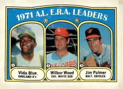 1971 baseball card of Vida Blue, Wilbur Wood, and Jim Palmer as A.L. E.R.A. Leaders