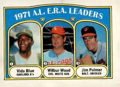 1971 trading card featuring Vida Blue in 1972 Topps #92 A.L. E.R.A. Leaders VG-EX