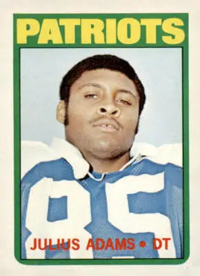 Julius Adams football trading card from 1972 Topps #97 in EX-MT condition